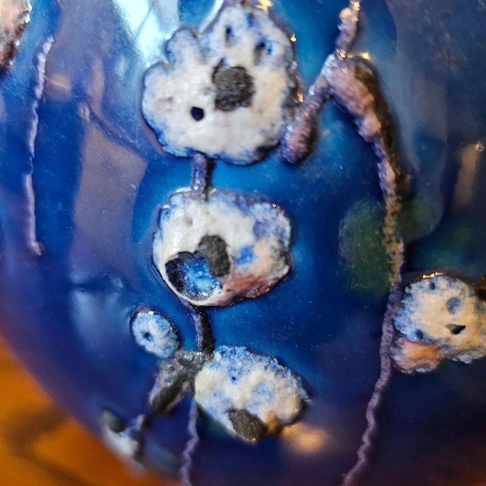 Vintage Italian Art Pottery Vase Cobalt Blue Textured Floral 184/1127 Italy 9in